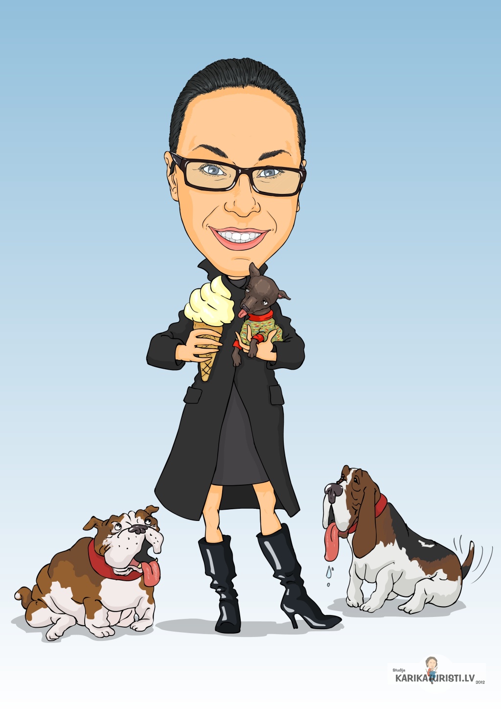 ﻿karikatūra suņi saldējums čivava taksis angļu dogs sieviete brilles drēbju melnādainie zābaciņi smaids luncināt asti